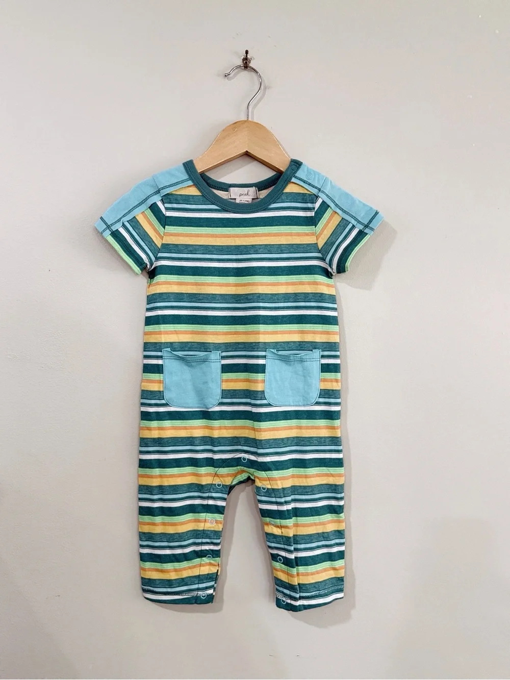 NWT Peek Baby Boys 6-12M Multicolor Stripe Romper Pockets Retro Cute